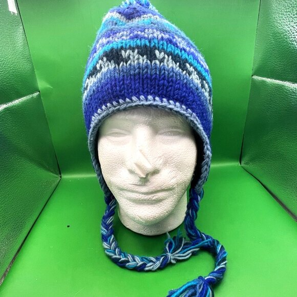 Gypsy Rose Handmade Knit Beanie Hat Chullo Fleece Lined Pom Braids Peruvian Boho - Picture 4 of 12